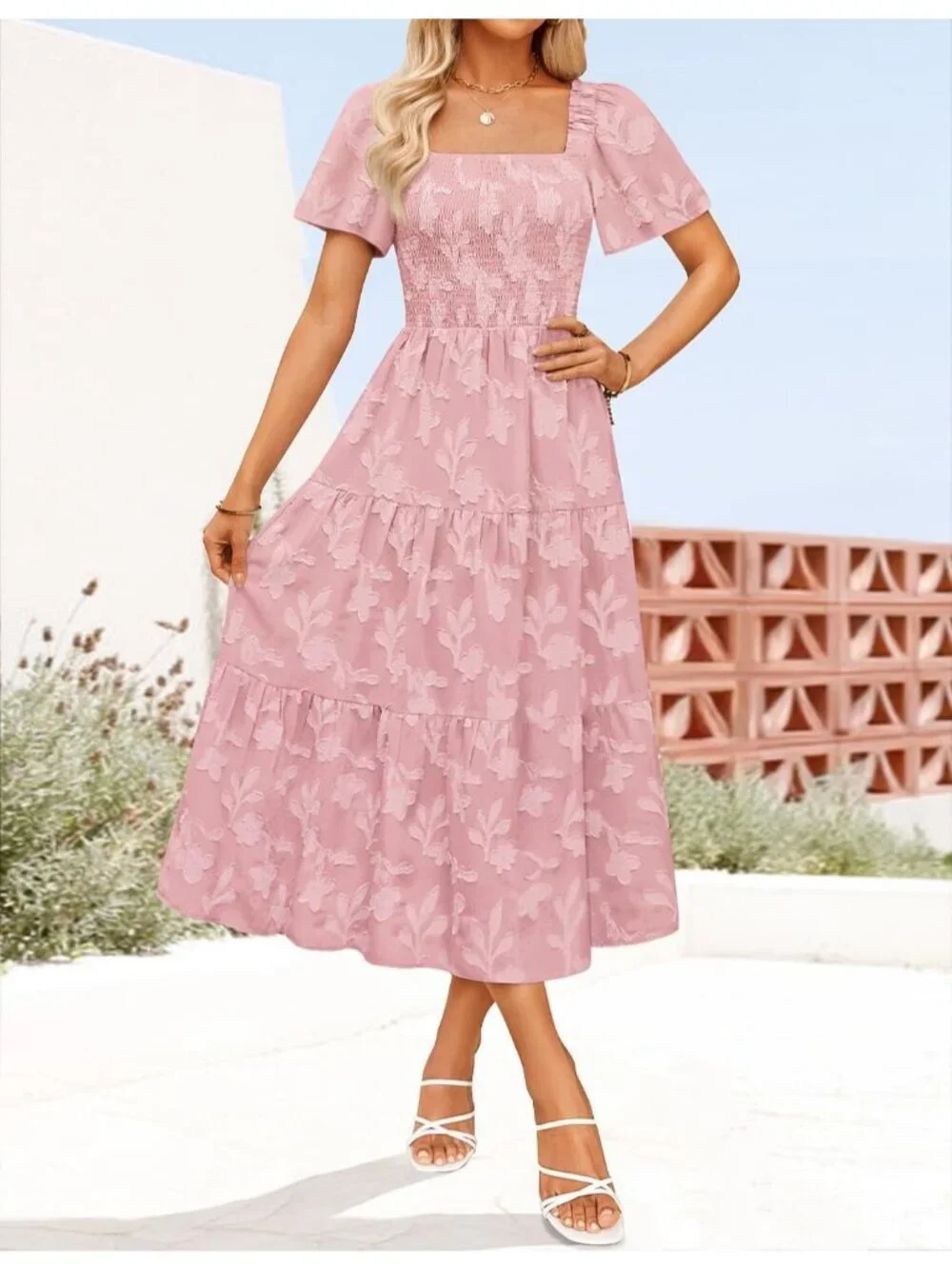 Women‘s Summer Boho Floral Midi Dress Pink Short Sleeve Square Neck Flowy Beach